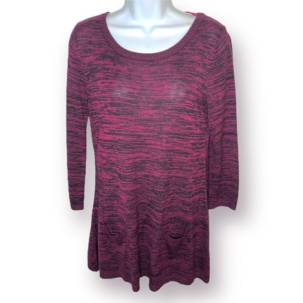 Cable & Gauge Marled Pink Black Scoop Neck 3/4 Sleeve Tunic Sweater S
